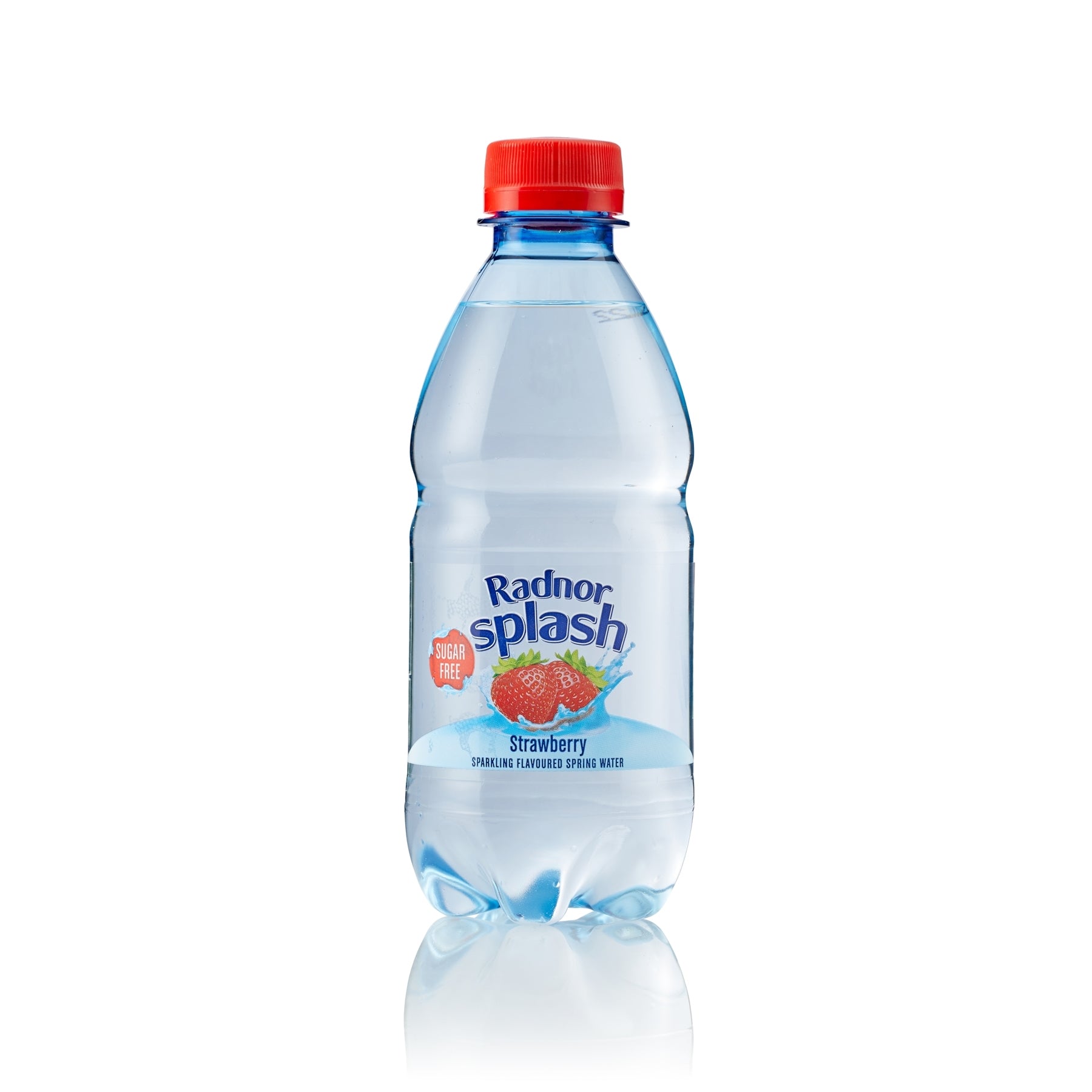 A bottle of Radnor Splash Strawberry sparkling flavored spring water with a red cap and blue label, shown on a white background with a reflection.