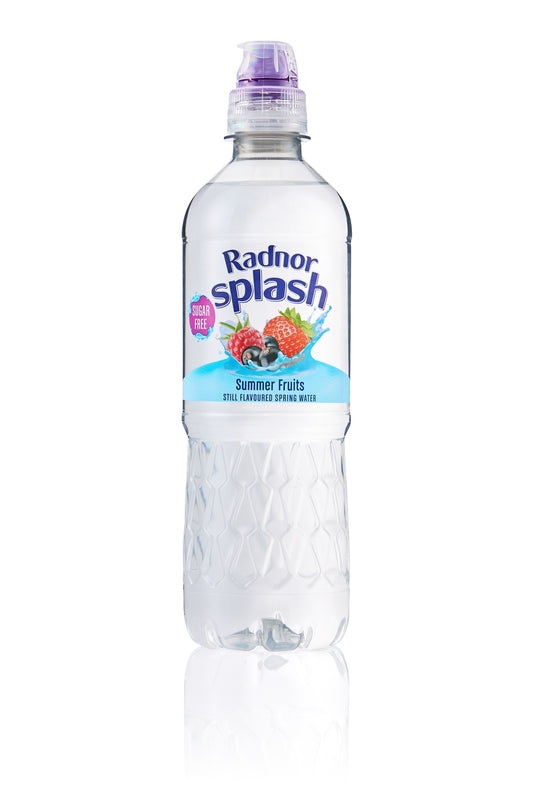 A clear plastic bottle of Radnor Splash Summer Fruits extra-flavored carbonated drink water with a purple cap, shown on a white background with a reflection.