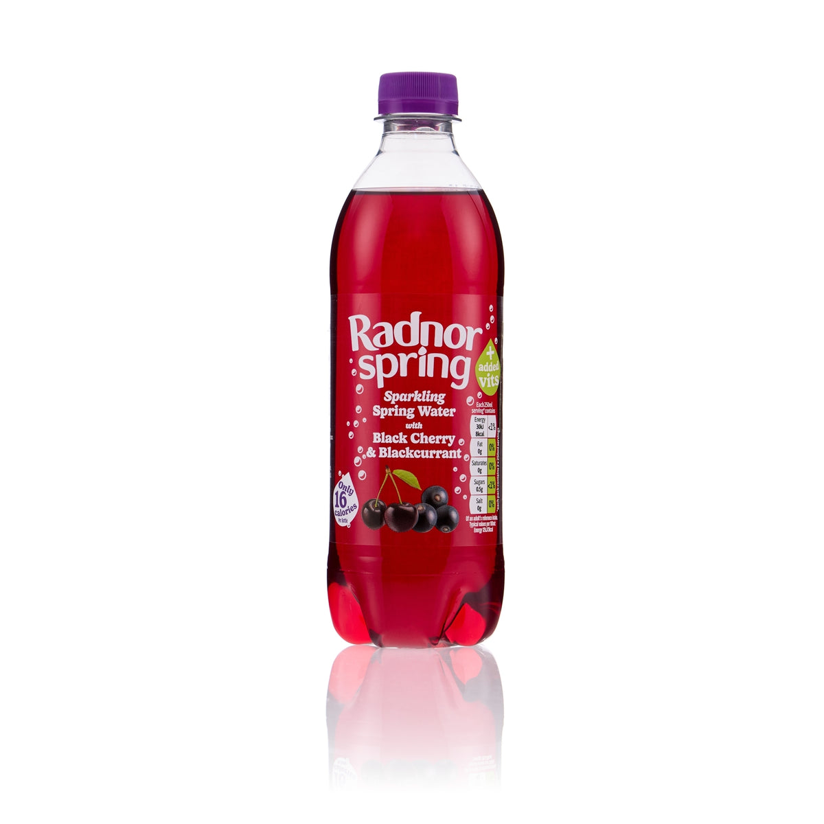 A bottle of Radnor Spring Sparkling Spring Water in Black Cherry & Blackcurrant flavor, featuring a purple cap and a red liquid inside, set against a plain white background with a soft reflection below.