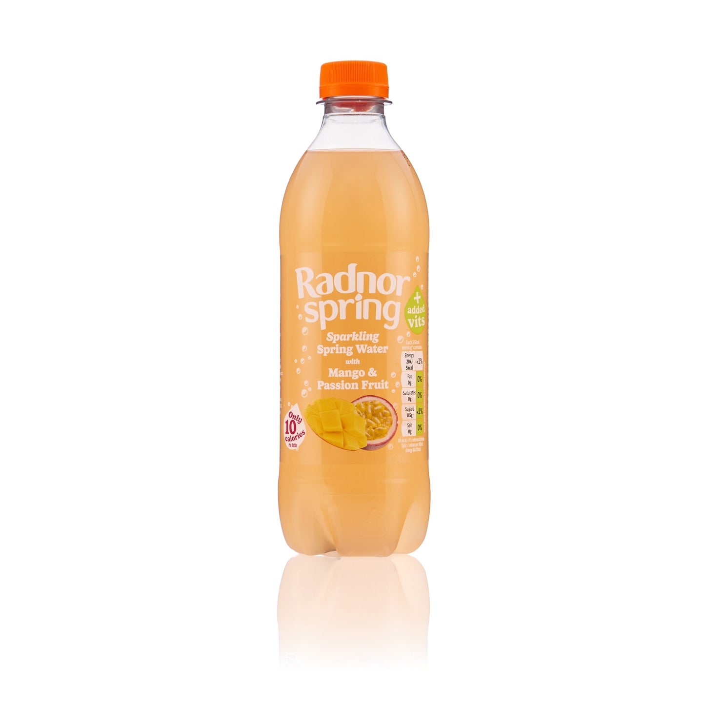 A bottle of Radnor Spring sparkling spring water in Mango & Passion Fruit flavor, featuring a clear plastic bottle filled with orange-amber liquid, an orange cap, and a white label with fruit illustrations, set against a plain white background with a soft reflection below.
