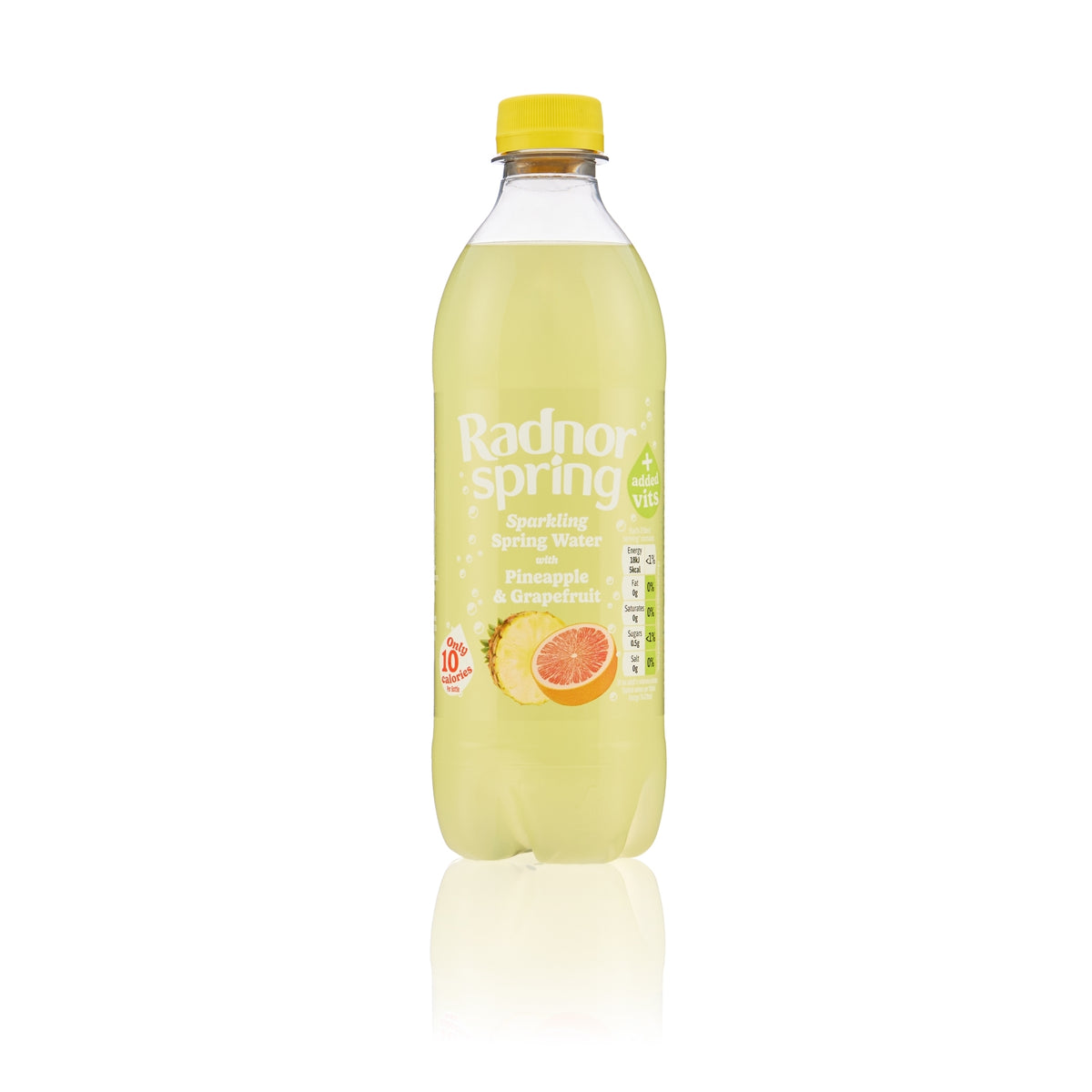 A bottle of Radnor Spring sparkling spring water with pineapple and grapefruit flavor, featuring a yellow cap and light yellow-green liquid, shown on a white background with a reflection.