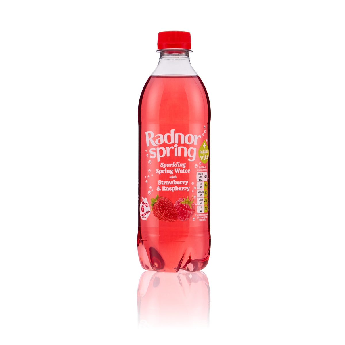 A bottle of Radnor Spring Sparkling Spring Water in Strawberry & Raspberry flavor, featuring a red cap and a red-pink liquid inside, set against a plain white background with a soft reflection below.