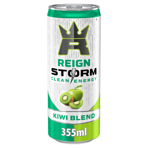 A 355ml can of Reign Storm Clean Energy Kiwi Blend beverage, featuring a white can with green and black branding, kiwi and apple graphics, and a green top and bottom band, shown on a plain white background.