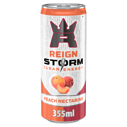 A 355ml can of Reign Storm Clean Energy Peach Nectarine beverage, featuring a white label with a red and black crown logo, peach illustrations, and orange-red accents.