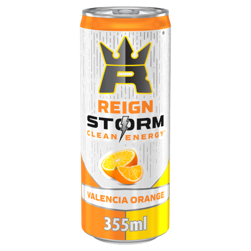 A 355ml can of Reign Storm Clean Energy Valencia Orange beverage, featuring a white can with orange and black branding, a crown logo, and an illustration of orange slices.