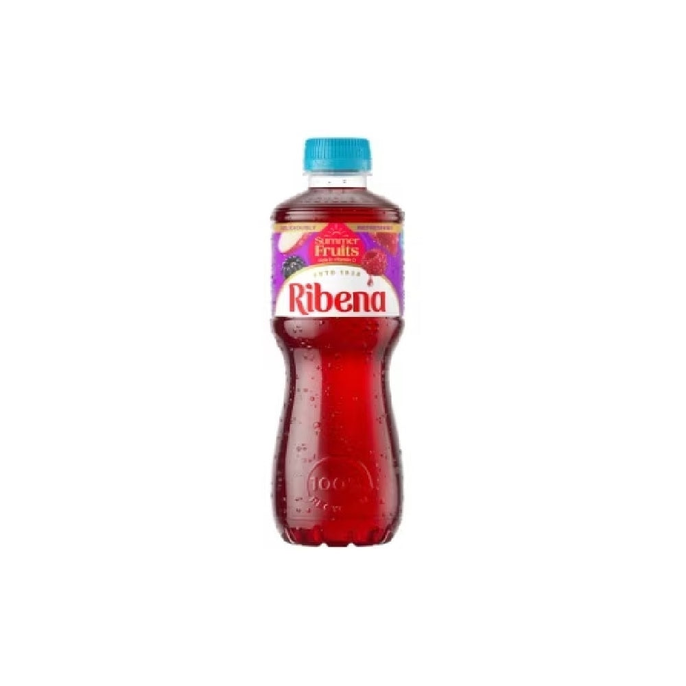 A bottle of Ribena fruit drink with a blue cap and a red liquid inside, shown on a plain white background.
