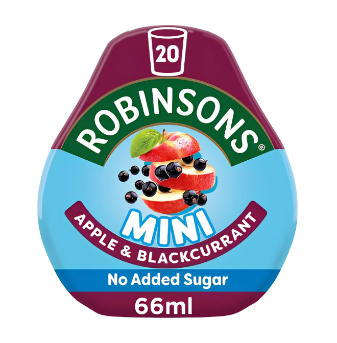 Robinsons Mini Apple & Blackcurrant syrup bottle, 66ml, featuring a colorful label with red apples, blackcurrants, and a light blue background.