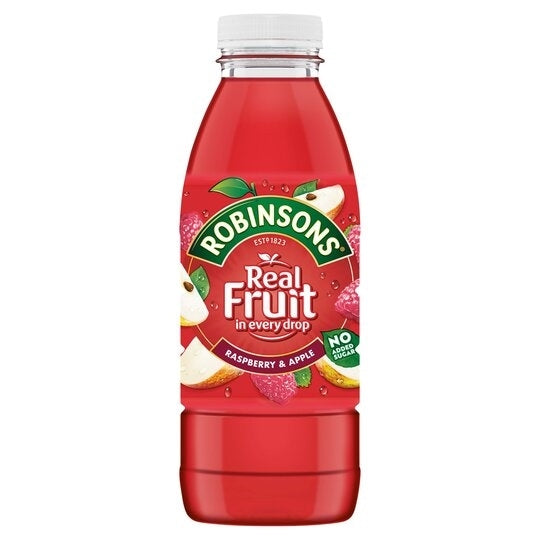 A bottle of Robinsons Real Fruit in every drop Raspberry & Apple juice, featuring a red liquid, a green and white label with fruit illustrations, and a white cap, set against a plain white background.