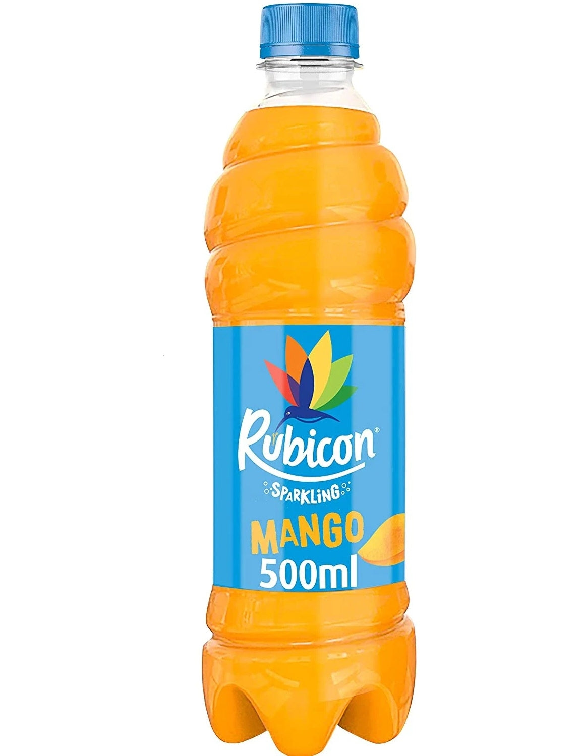 A 500ml plastic bottle of Rubicon Sparkling Mango drink, filled with bright orange liquid and featuring a blue cap and blue label with a multicolor leaf logo.