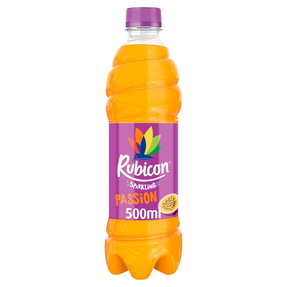 Rubicon sparkling passion fruit drink bottle on a white background