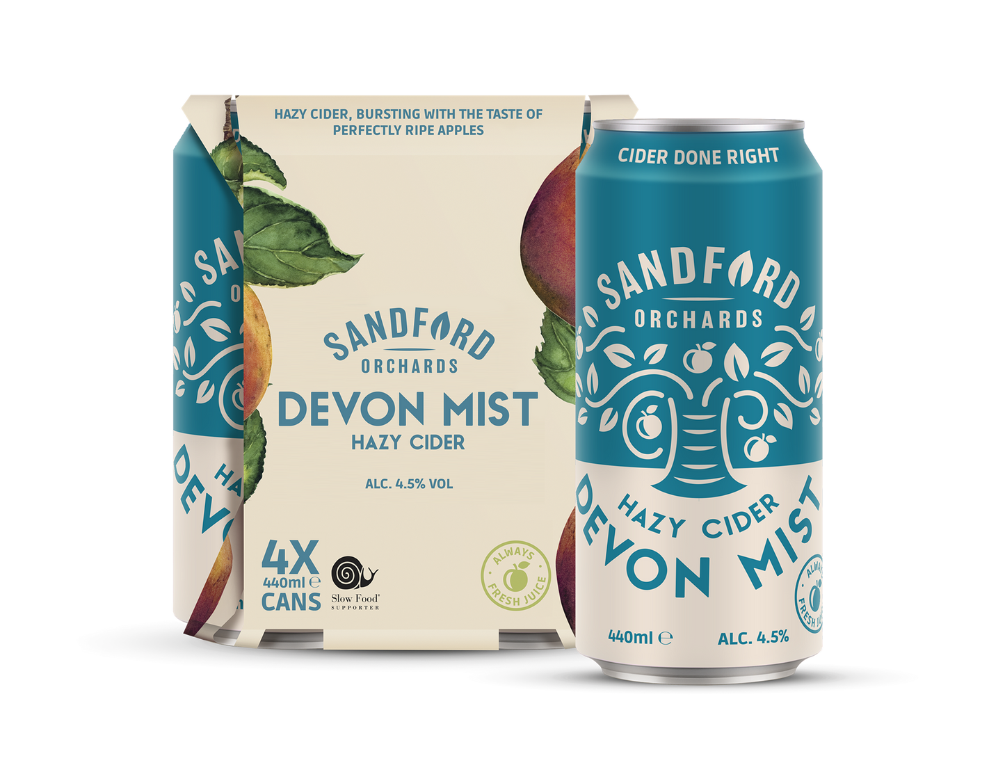 A 4-pack of Sandford Orchards Devon Mist Hazy Cider aluminum cans and matching cardboard carton packaging, shown on a clean white background.