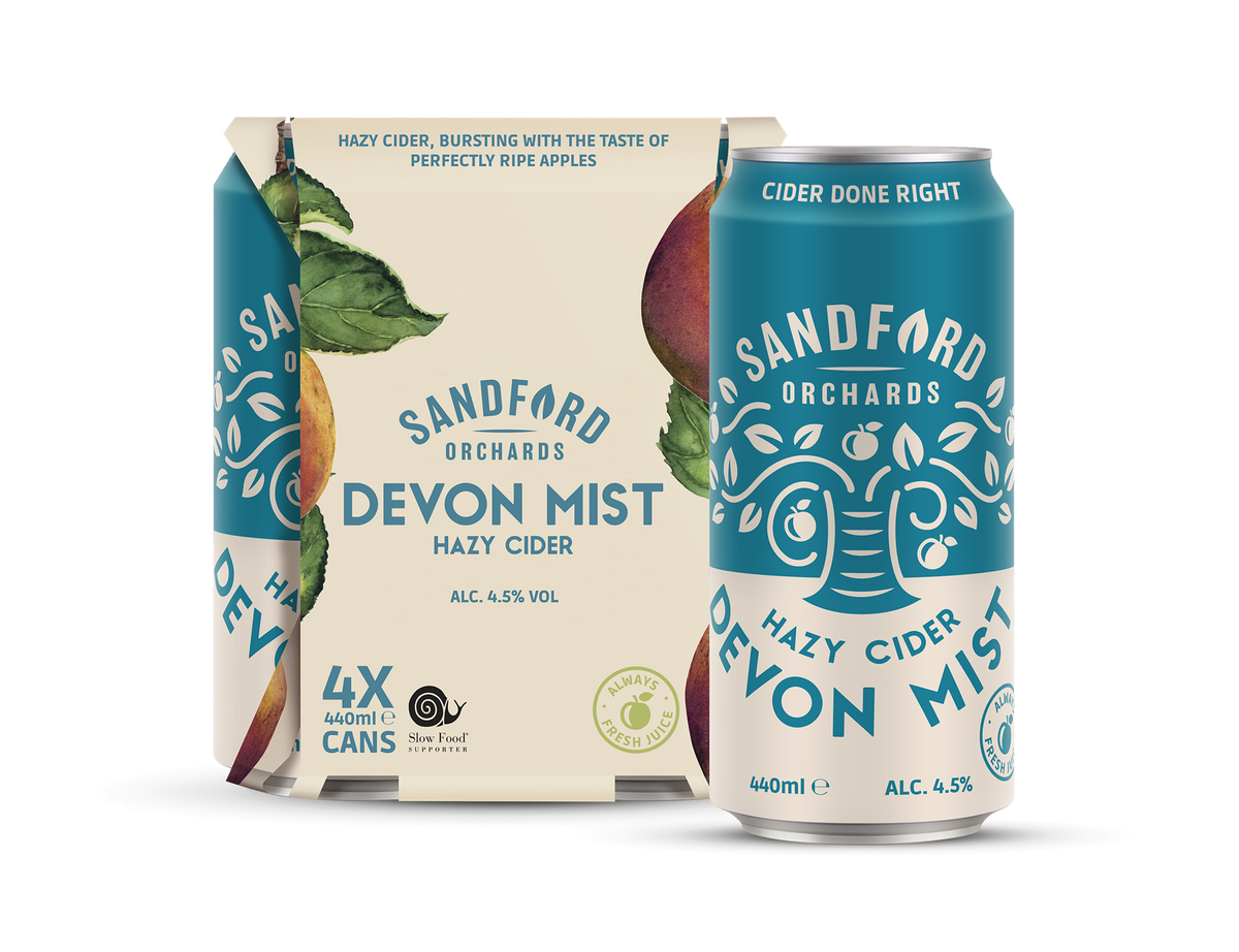 A 4-pack of Sandford Orchards Devon Mist Hazy Cider aluminum cans and matching cardboard carton packaging, shown on a clean white background.