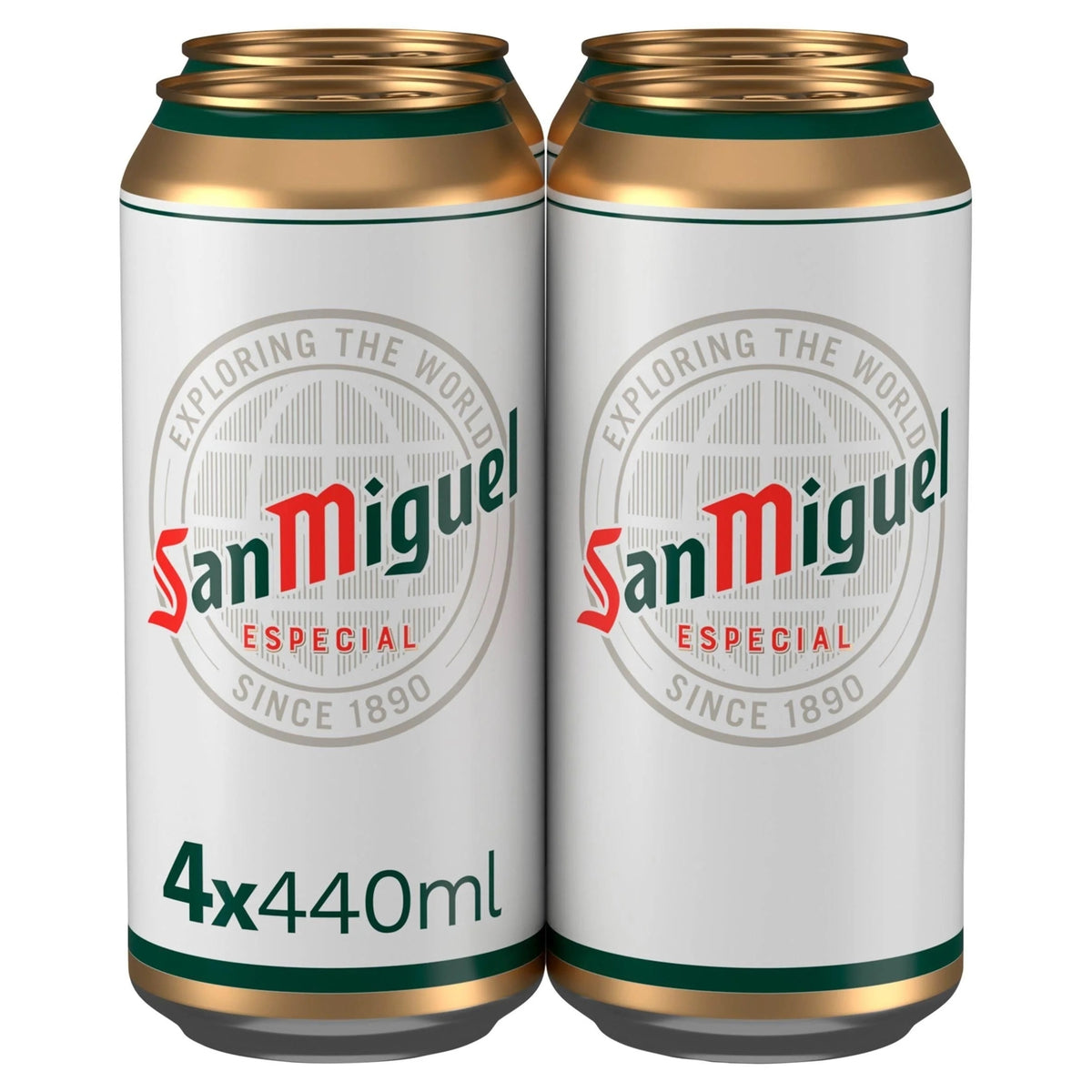 Two San Miguel Especial beer cans shown side by side on a plain white background, with text indicating 4x440ml.