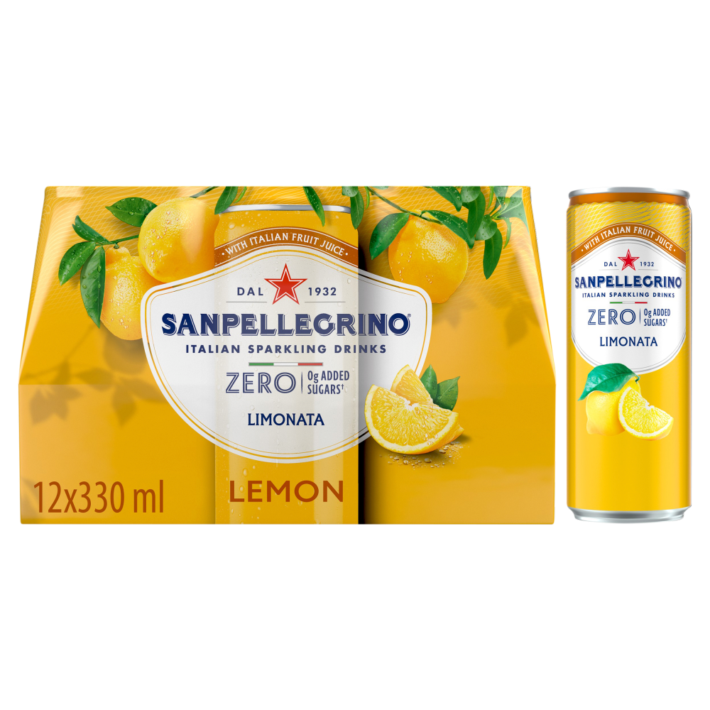 San Pellegrino Zero Sparkling Drinks Limonata lemon-flavored beverage shown as a 12-pack cardboard tray with one single can beside it on a white background.