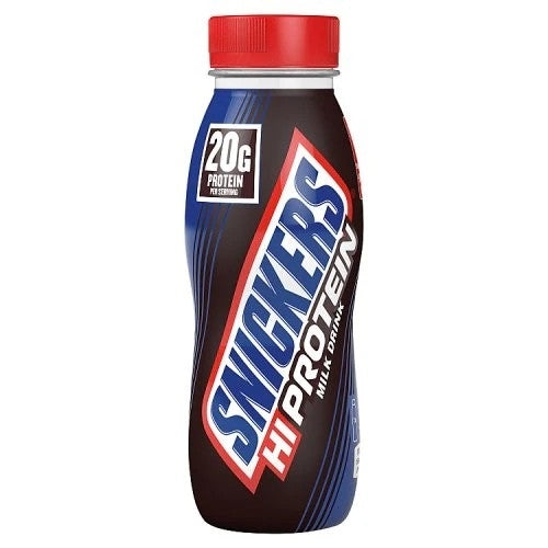 A bottle of Snickers HI Protein milk drink with a red cap, featuring the Snickers brand logo in blue and white on a dark brown and blue label, set against a plain white background.