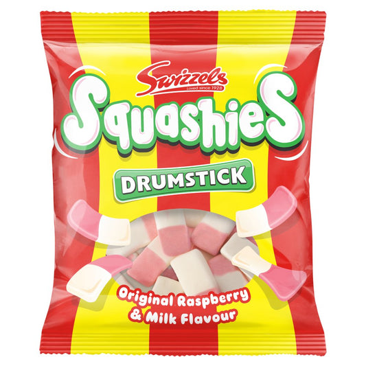 A package of Swizzels Squashies Drumsticks candies in original raspberry and milk flavor.