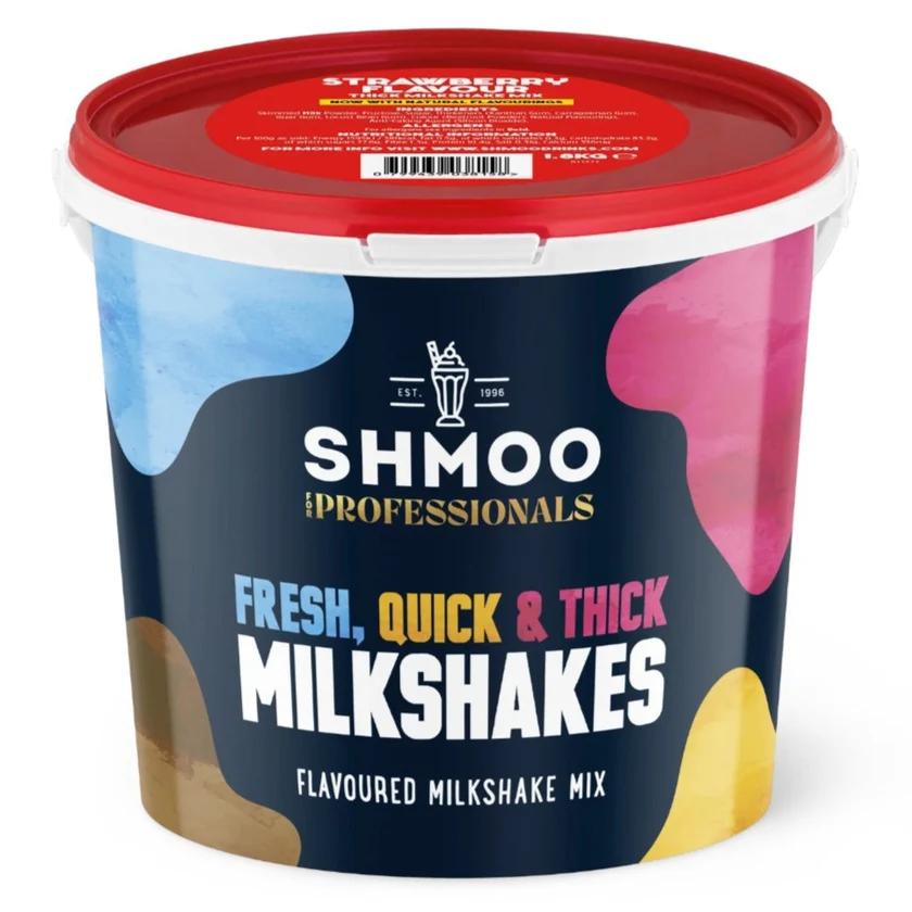 A large plastic tub of SHMOO Professionals Fresh, Quick & Thick Milkshakes, strawberry flavour, featuring a dark navy blue label with colorful paint splatters and a red lid.