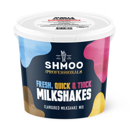 A tub of SHMOO vanilla flavored milkshake mix with branding and flavor information on the label.