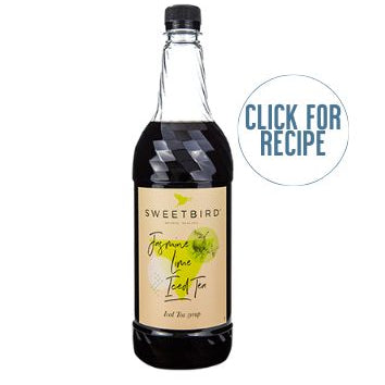 A bottle of Sweetbird Jasmine and Lime Iced Tea Syrup with a label showing the brand name and a hint of jasmine and lime. A 'Click for Recipe' text is also visible.