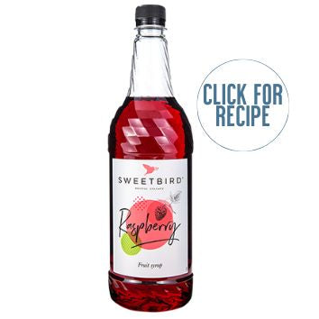 A plastic bottle of SWEETBIRD raspberry syrup with a label showing the brand name and a raspberry graphic, accompanied by a 'Click for recipe' text.