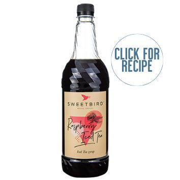 A bottle of SWEETBIRD RASPBERRY ICED TEA SYRUP with a label showing a raspberry and tea leaves, and a 'Click for recipe' text overlay.