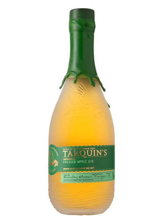 A bottle of Tarquin's Preshed Apple Gin with a green cap on a white background.
