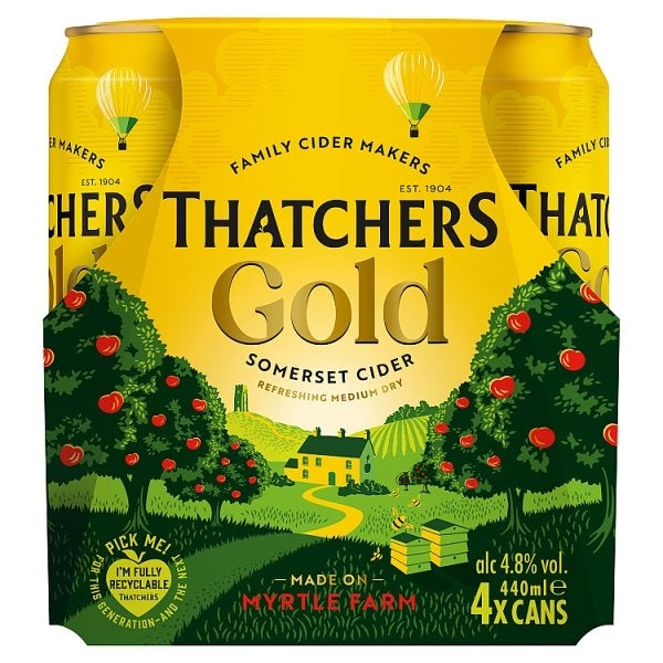 A 4-pack of Thatchers Gold Somerset Cider cans, featuring a bright yellow background with a green apple orchard illustration and bold black and gold lettering.