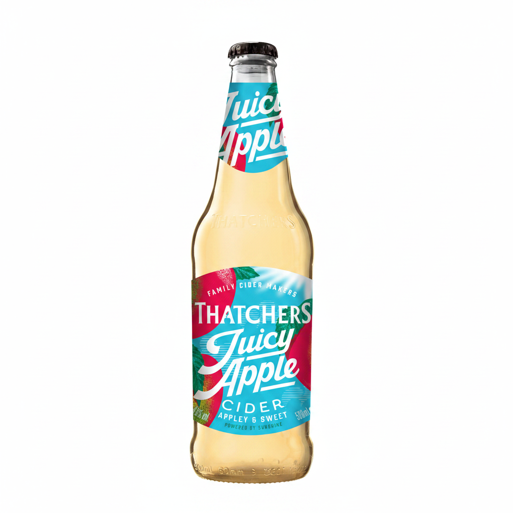 A bottle of Thatchers Juicy Apple Cider, showing the amber-colored liquid inside a clear glass bottle with a colorful label and a black cap.