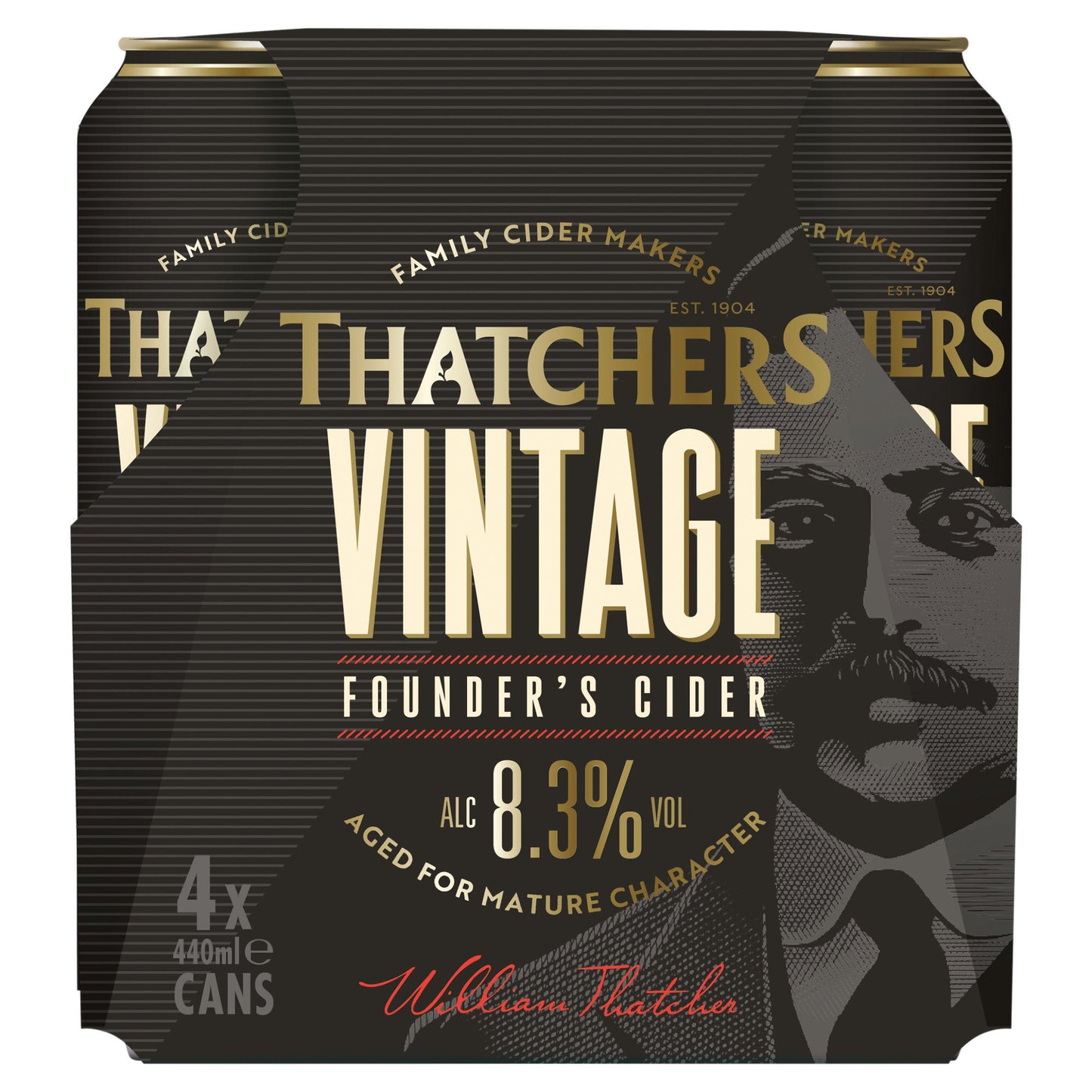 Pack of Thatchers Vintage Founder's Cider with black and gold design.