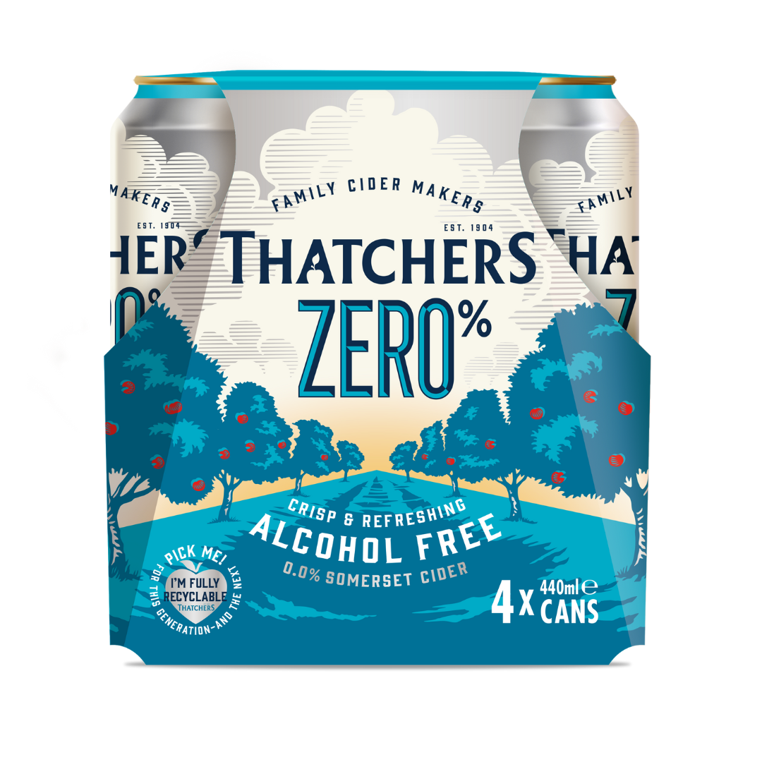 A four-pack of Thatchers Zero % Alcohol Free cider in a blue and white illustrated cardboard carrier, with silver cans visible at the top and sides.