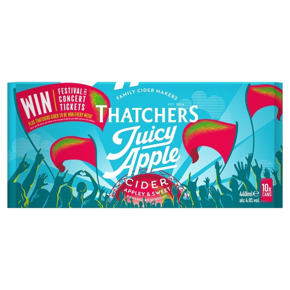 Packaging of Thatchers Juicy Apple Cider with promotional text on a white background