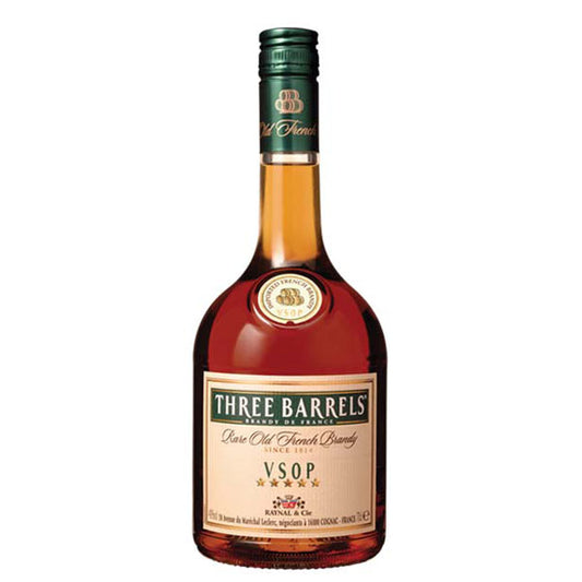 This image features a bottle of "Three Barrels" VSOP, which is a type of fine French brandy. The bottle is tall with a dark green cap and a label that prominently displays the brand and the product type.