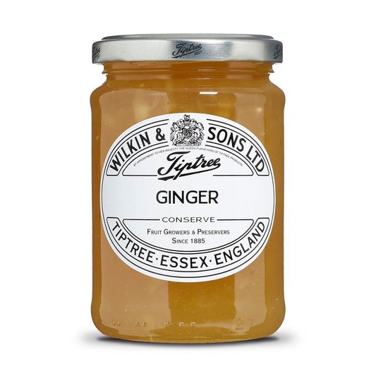 A glass jar of Wilkin & Sons Ltd Ginger Conserve with a white label displaying the product name and the word 'Essex-England'.