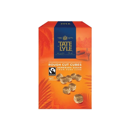 Packaging of Tate & Lyle rough-cut brown sugar cubes with a weight indication of 1kg. The box is predominantly orange with an image of the sugar cubes and the brand's logo.