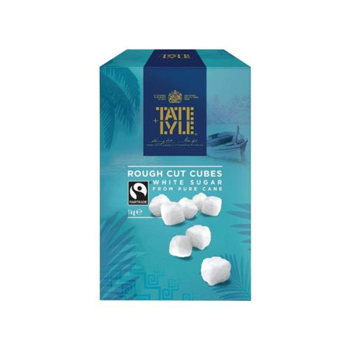 A box of Tate & Lyle rough-cut white sugar cubes, 1kg, with a blue color scheme and a boat illustration.
