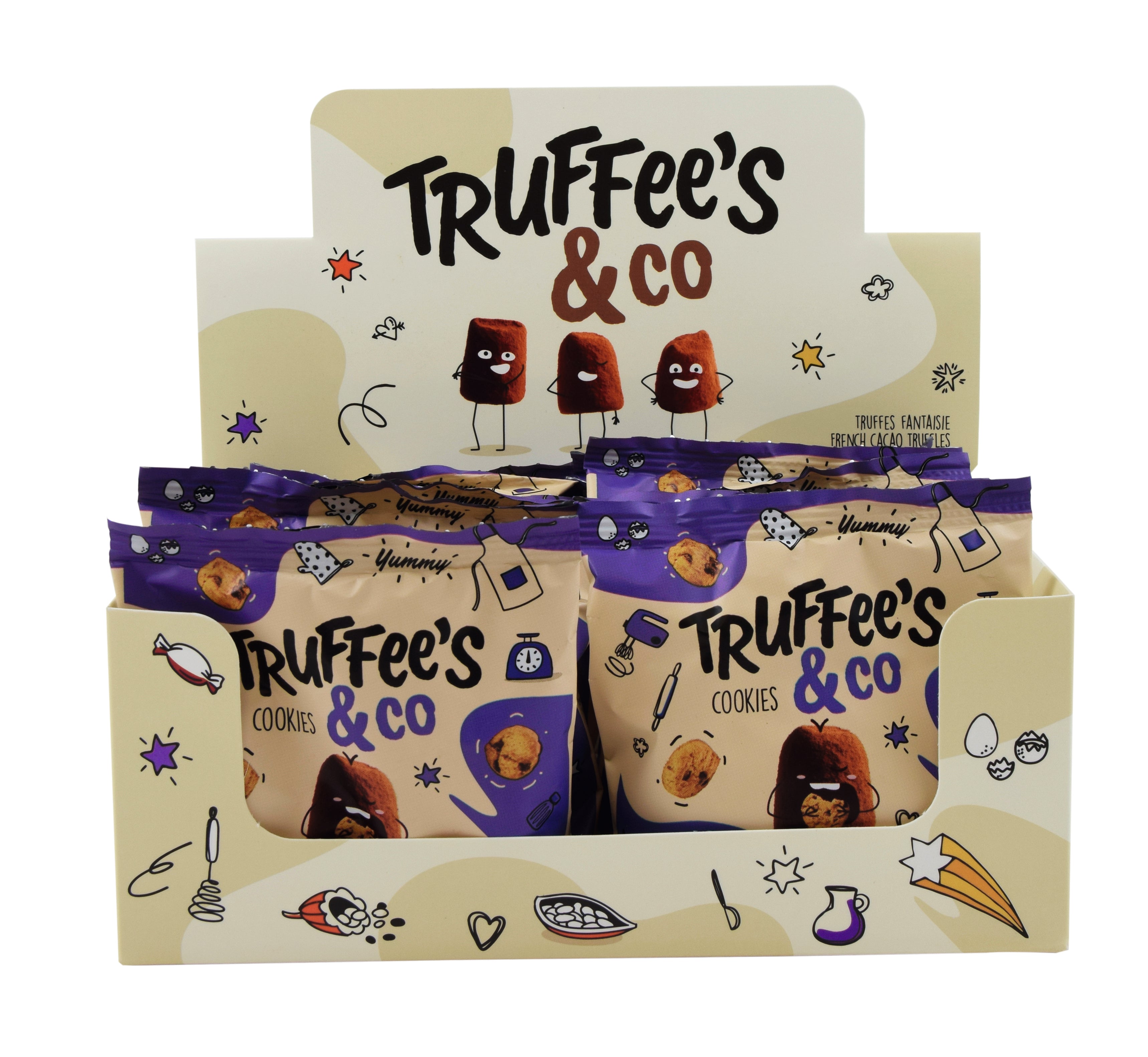 Display of Truffee's & Co packaging with cartoon characters on a white background