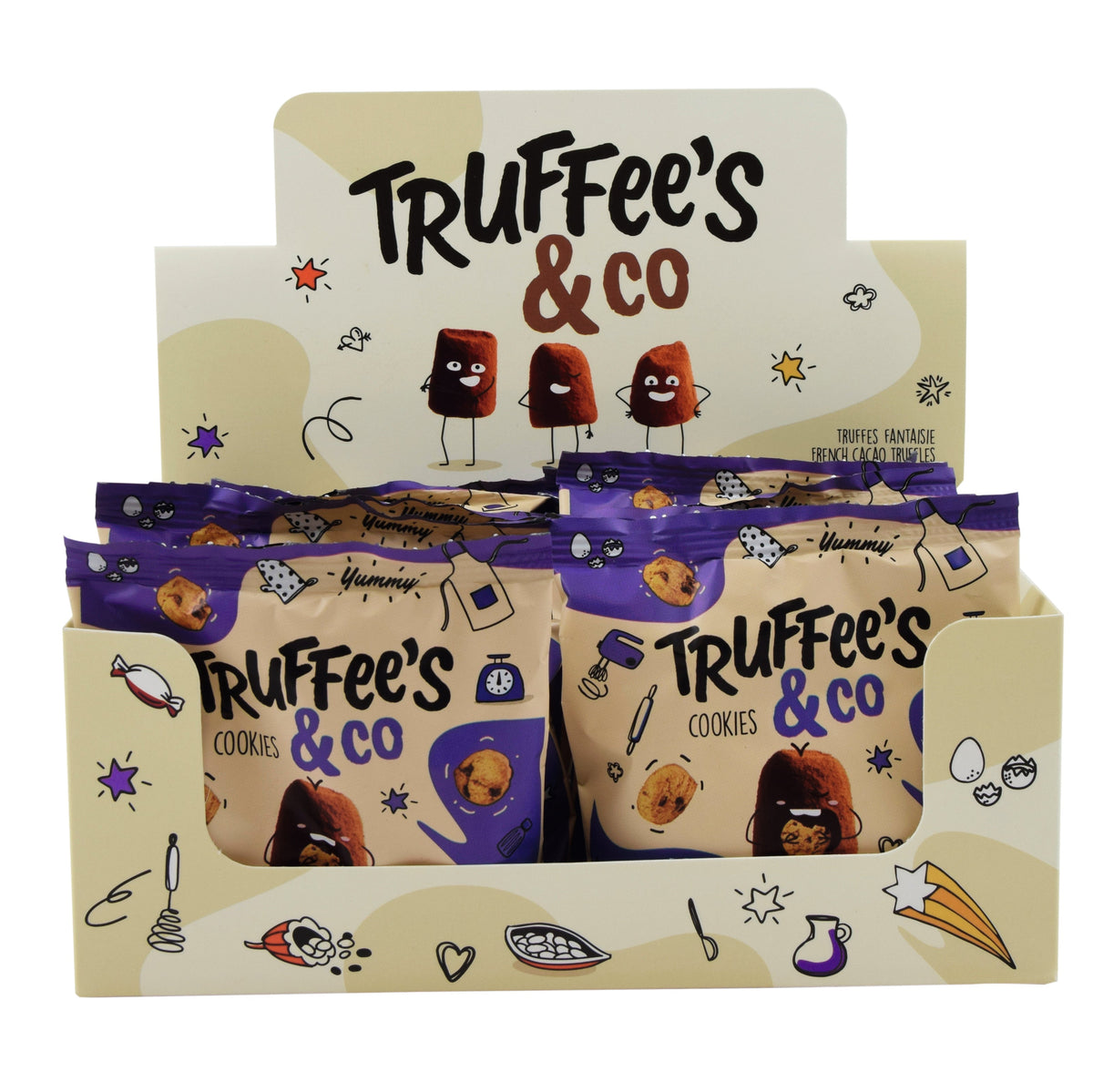 Display of Truffee's & Co packaging with cartoon characters on a white background