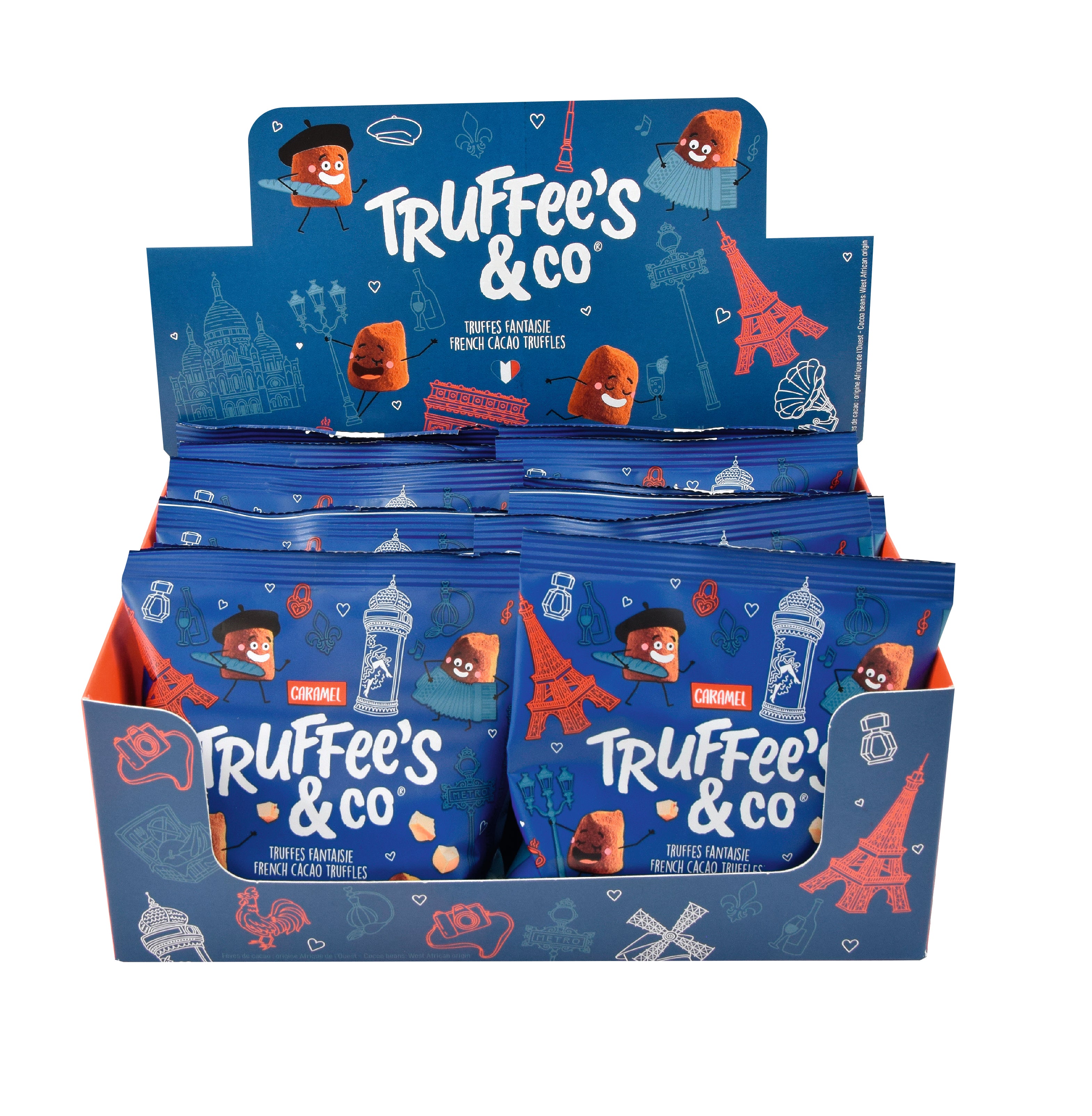 Display of Truffee's & co chocolate truffles packaging on a white background
