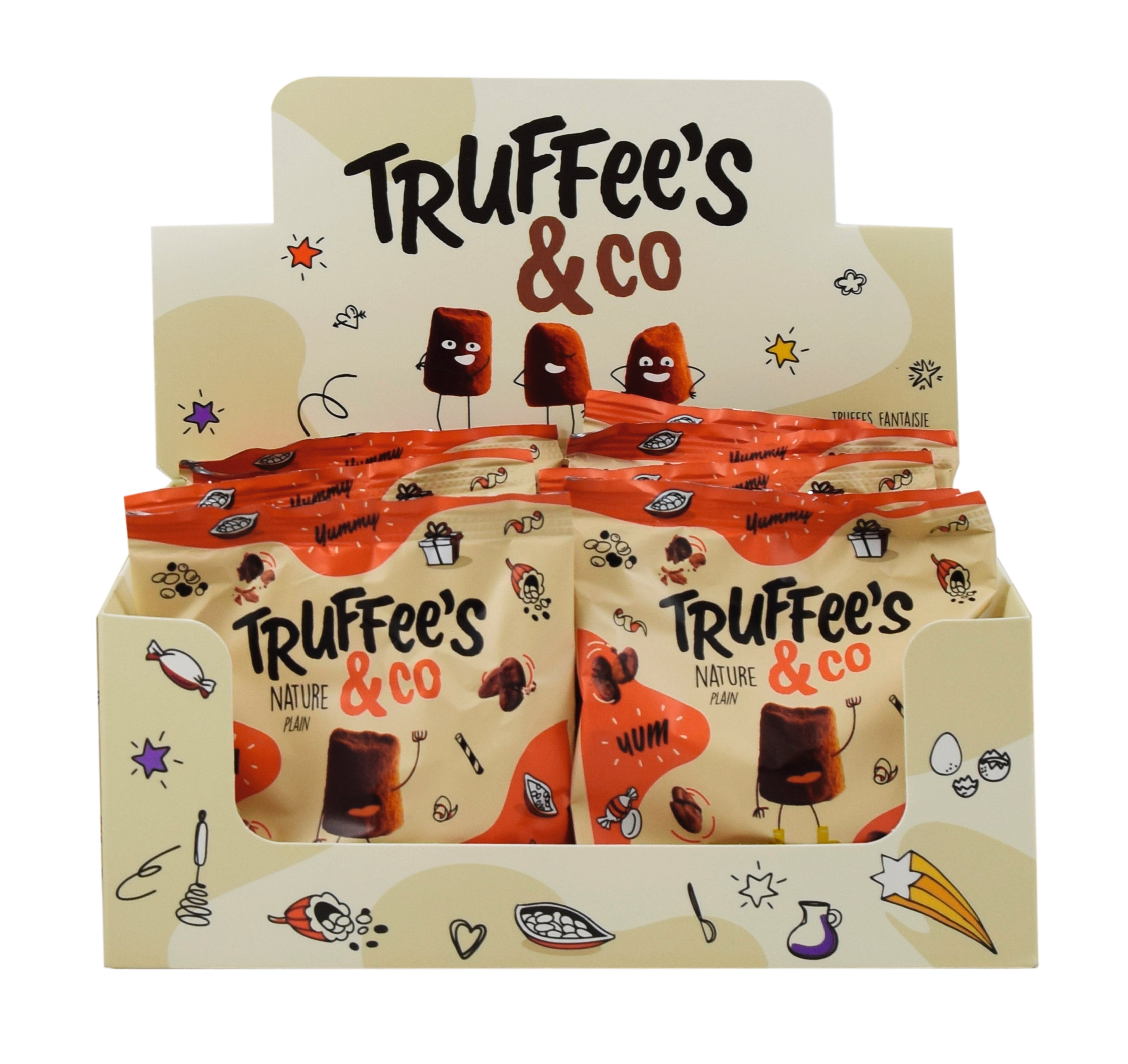 Display box of Truffee's & Co chocolate truffles with cartoon illustrations on a white background.