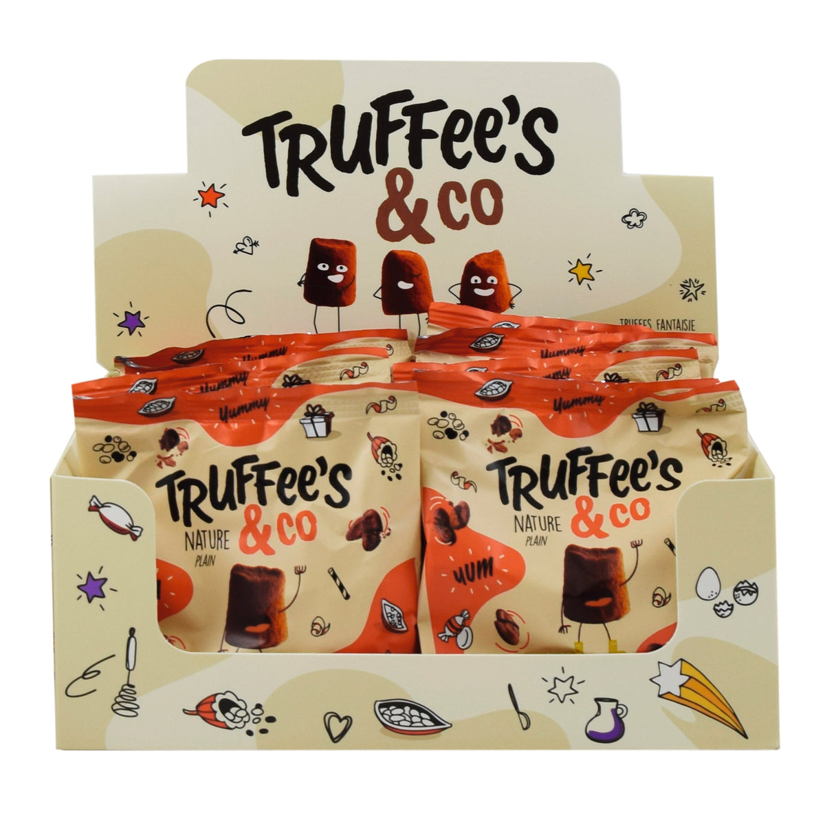 Display box of Truffee's & Co chocolate truffles with cartoon illustrations on a white background.