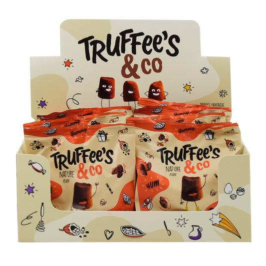 Display box of Truffee's & Co chocolate truffles with cartoon illustrations on a white background.