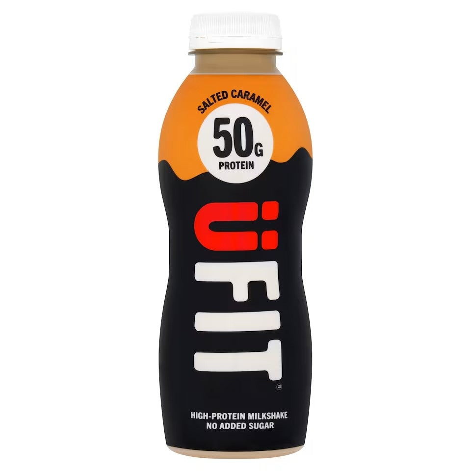 A bottle of UFit Salted Caramel high-protein milkshake on a plain white background. The bottle has a black label with a large red and white iFit logo, an orange upper section, and a white cap.