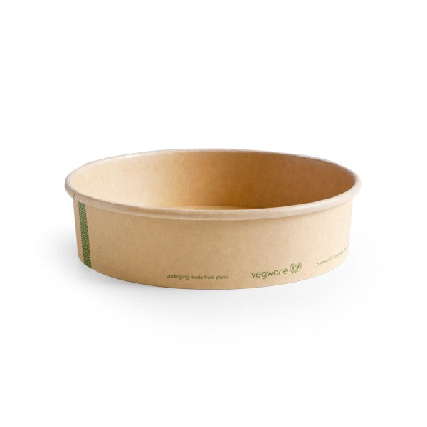 A beige, round, kraft food bowl with the brand name 'VEGWARE' visible on the side.