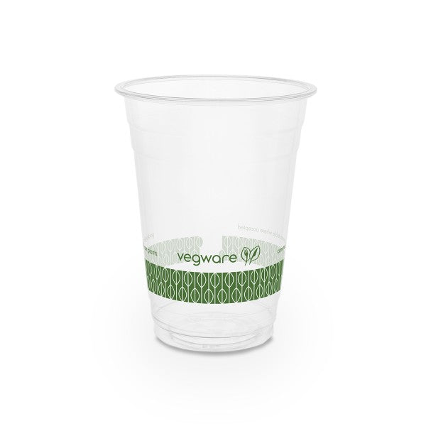 Clear cup with green 'Vegware' logo on a white background