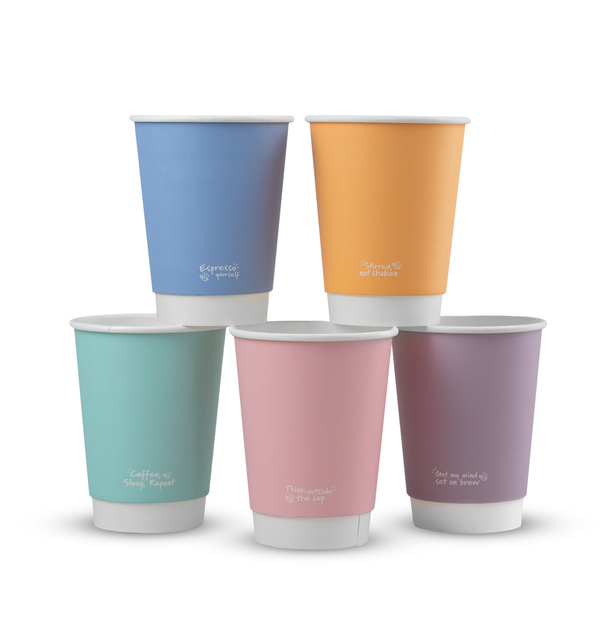 A collection of double-walled vegware cups in various colors including blue, orange, light blue, pink, and purple, each with a feel good message printed on them.