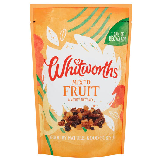 A package of Whitworths Mixed Fruit, showing various types of dried fruits against a colorful background.