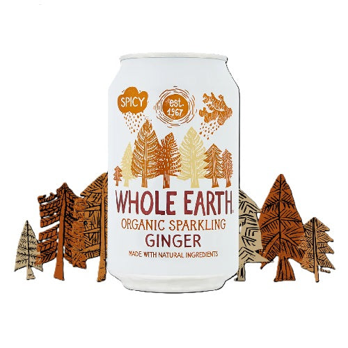 A can of Whole Earth Organic Ginger beer with a forest-themed decoration on the label, indicating that the product is made with natural ingredients.