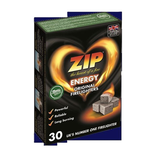 Packaging for ZIP Original Energy Firelighters, featuring a box with a heart-shaped flame graphic and a British flag, indicating a 30-piece pack.
