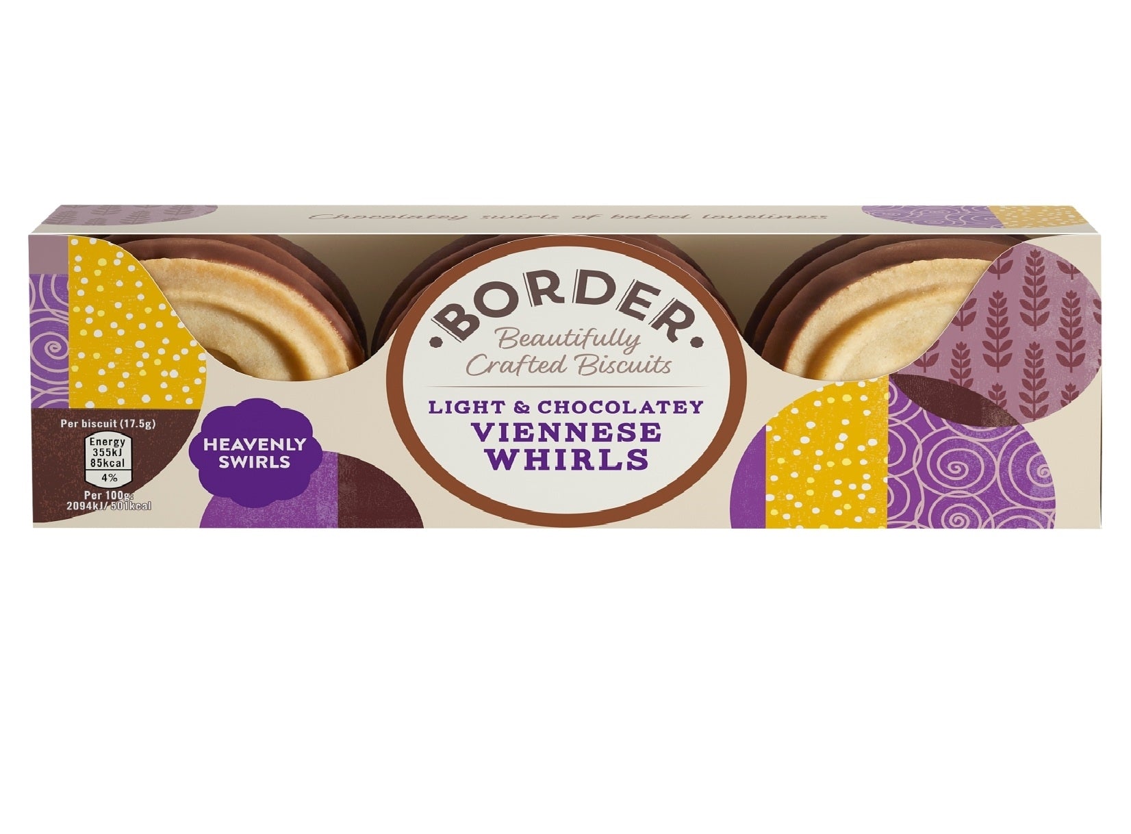 Box of Border Light & Chocolatey Viennese Whirls biscuits on a white background