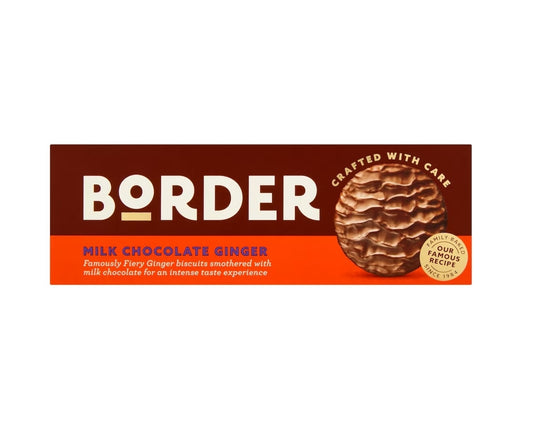 Box of Border Milk Chocolate Ginger biscuits on a white background